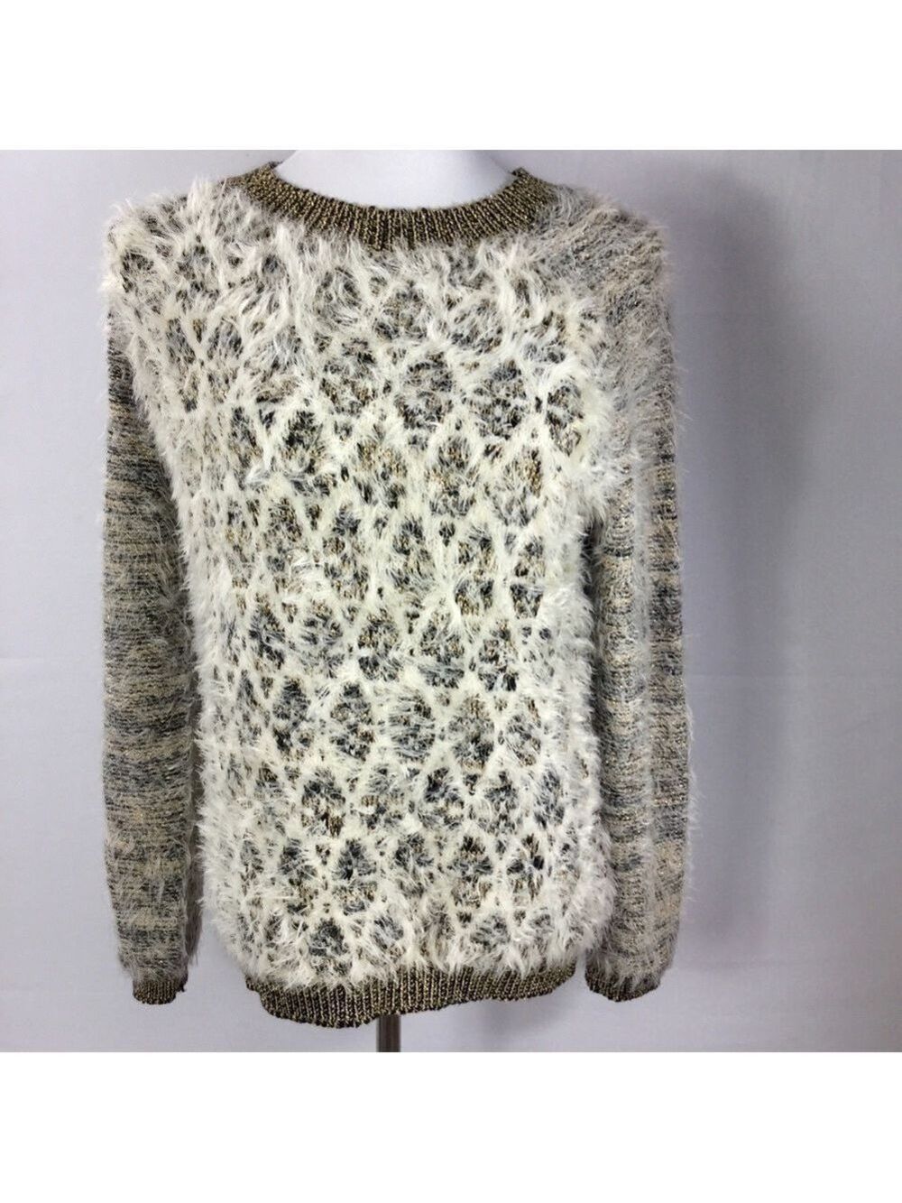 BLACK Rivet Eyelash Fuzzy Gold And Black Metallic Sweater Size M